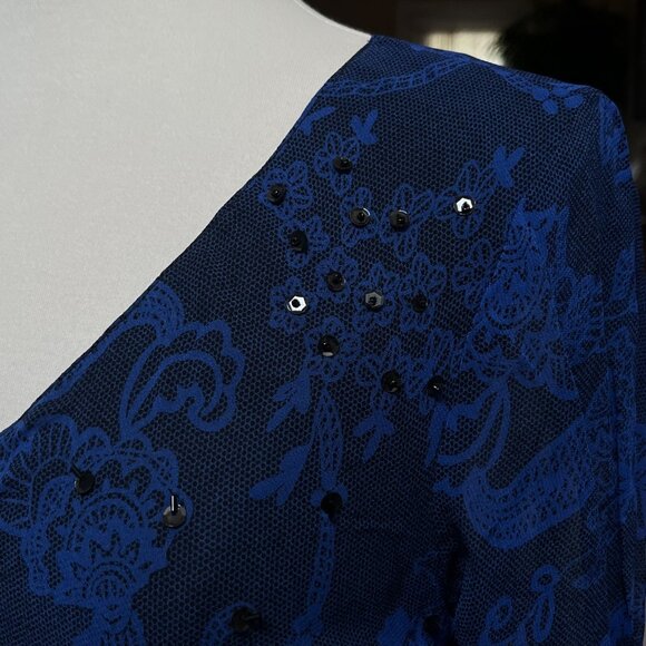 Vtg Paradise NY Blue Lace Look Maxi Dress Bias Cut Ruffle Sleeves Sequin Lined L - Picture 5 of 9